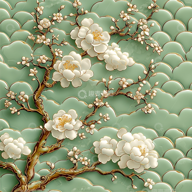 高清大图下载【趣麦麦图】白色花朵在青色纹理背景上