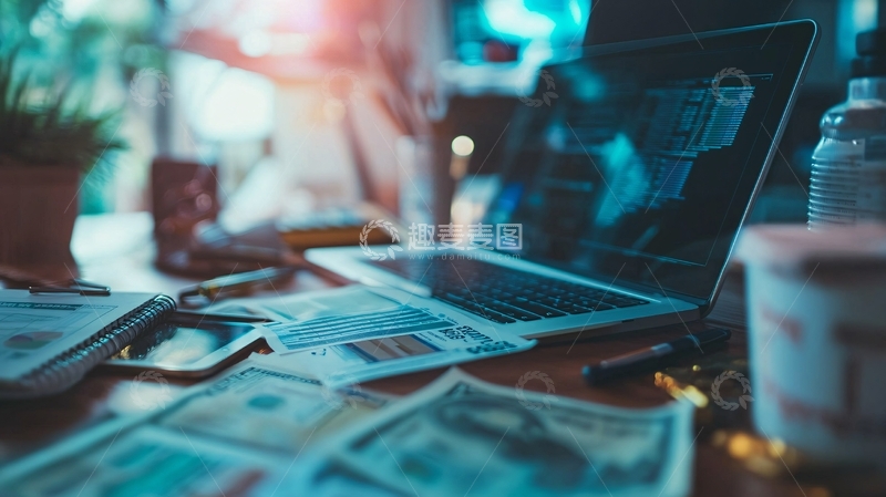 高清大图下载【趣麦麦图】办公桌上的电脑和美元