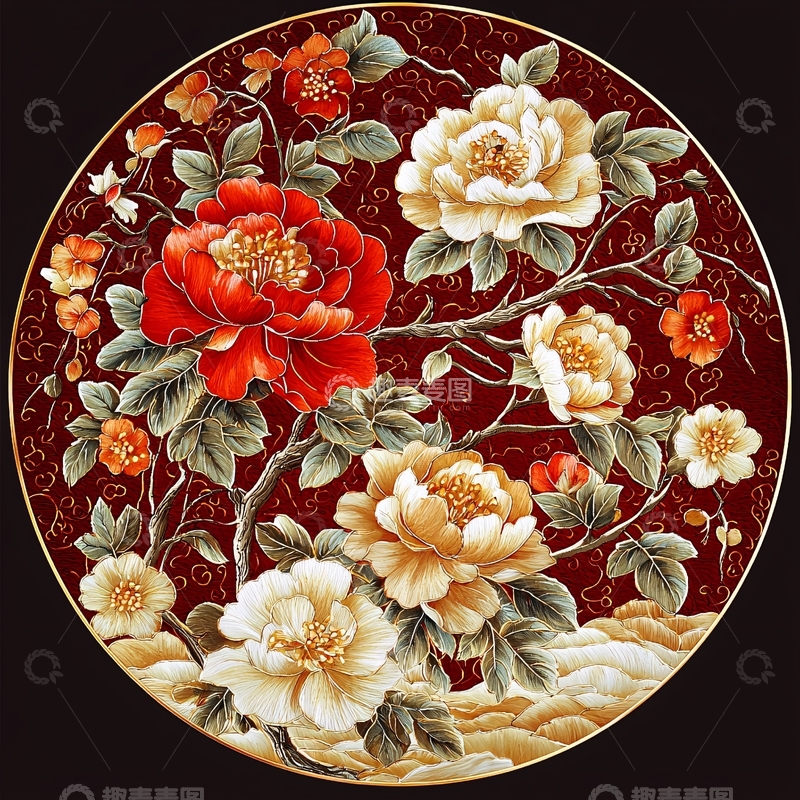 高清大图下载【趣麦麦图】圆形背景上的盛开牡丹