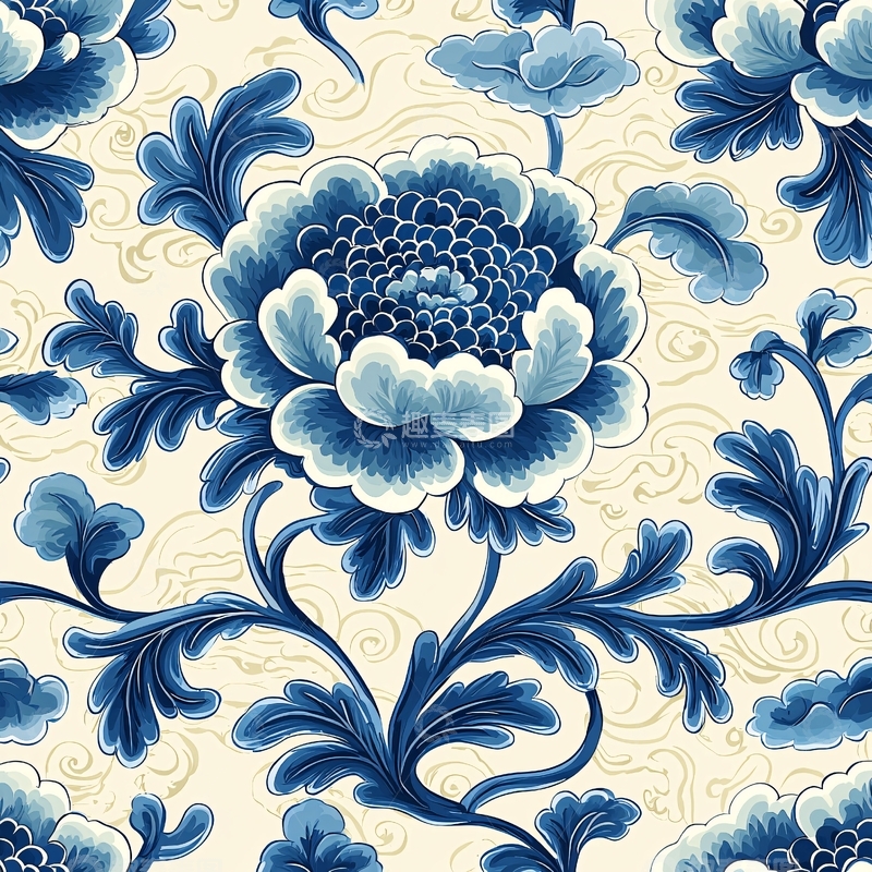 高清大图下载【趣麦麦图】青花瓷风格花卉纹样