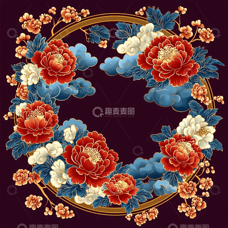 高清大图下载【趣麦麦图】牡丹花环绕祥云的复古图