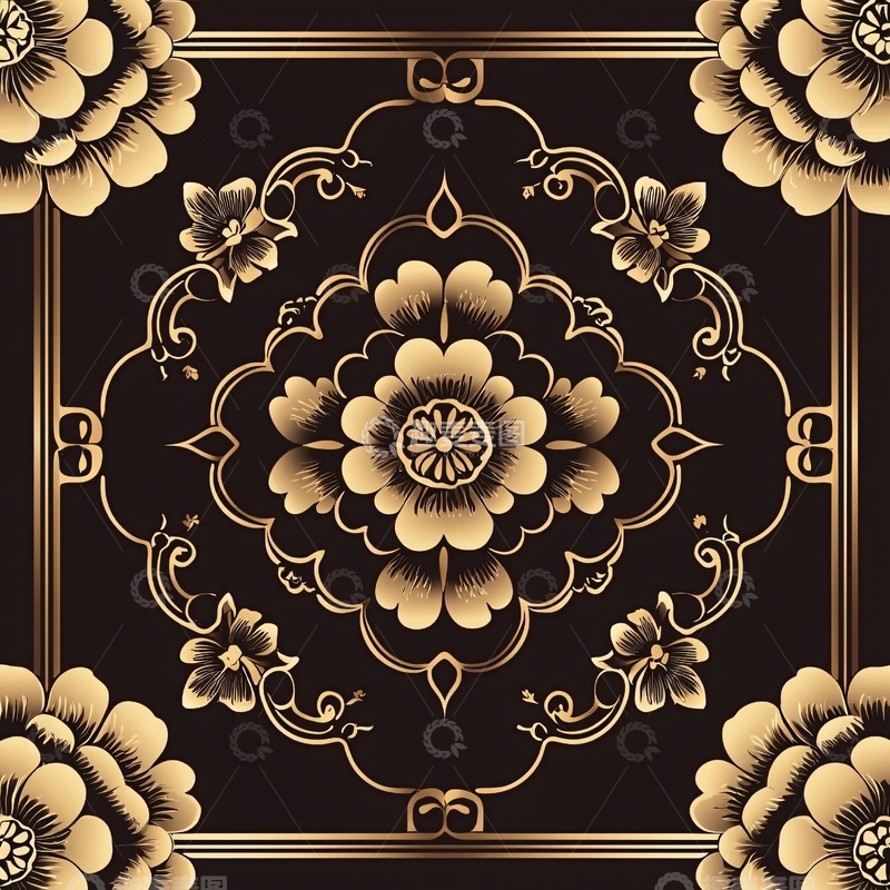 高清大图下载【趣麦麦图】金色花卉对称图案