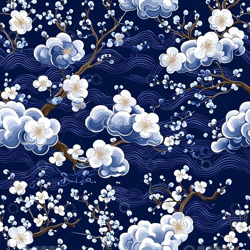 高清大图下载【趣麦麦图】蓝色背景上的梅花图案