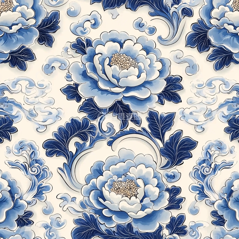 高清大图下载【趣麦麦图】青花牡丹祥云纹样