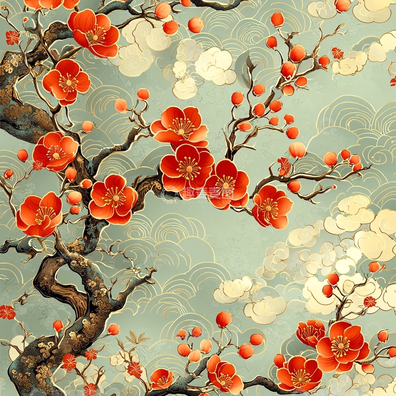 高清大图下载【趣麦麦图】红梅绽放枝头水墨意境