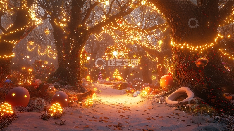 高清大图下载【趣麦麦图】冬日森林灯光小路