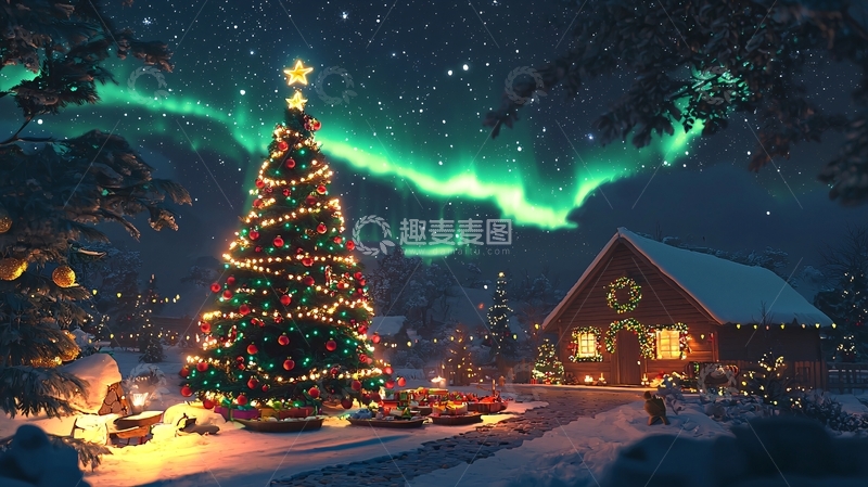 高清大图下载【趣麦麦图】极光圣诞树下的温馨小屋