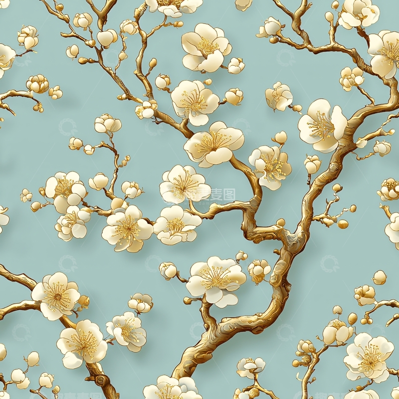 高清大图下载【趣麦麦图】金色梅花绽放在蓝色背景上