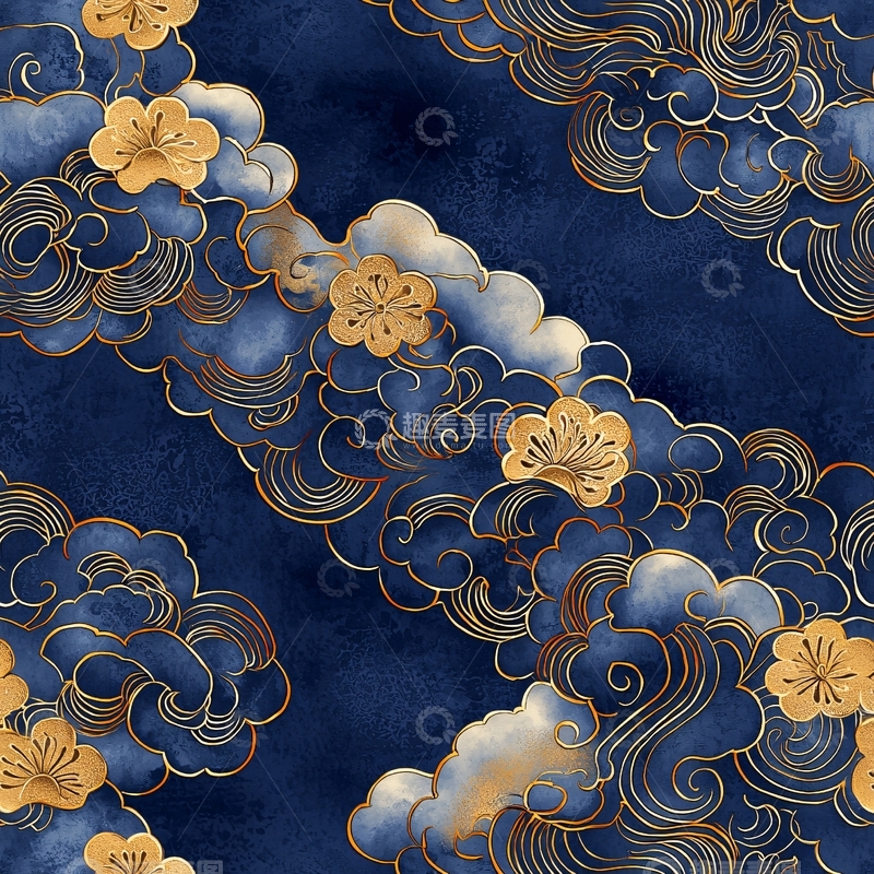 高清大图下载【趣麦麦图】深蓝色背景金色祥云梅花