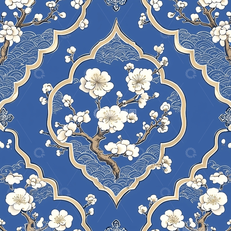 高清大图下载【趣麦麦图】蓝底白色梅花纹样壁纸