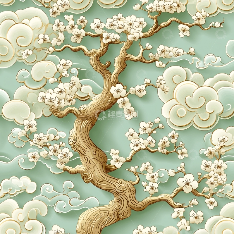 高清大图下载【趣麦麦图】繁花盛开的古树与祥云