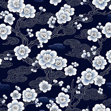 深蓝色背景上的白色花朵和祥云