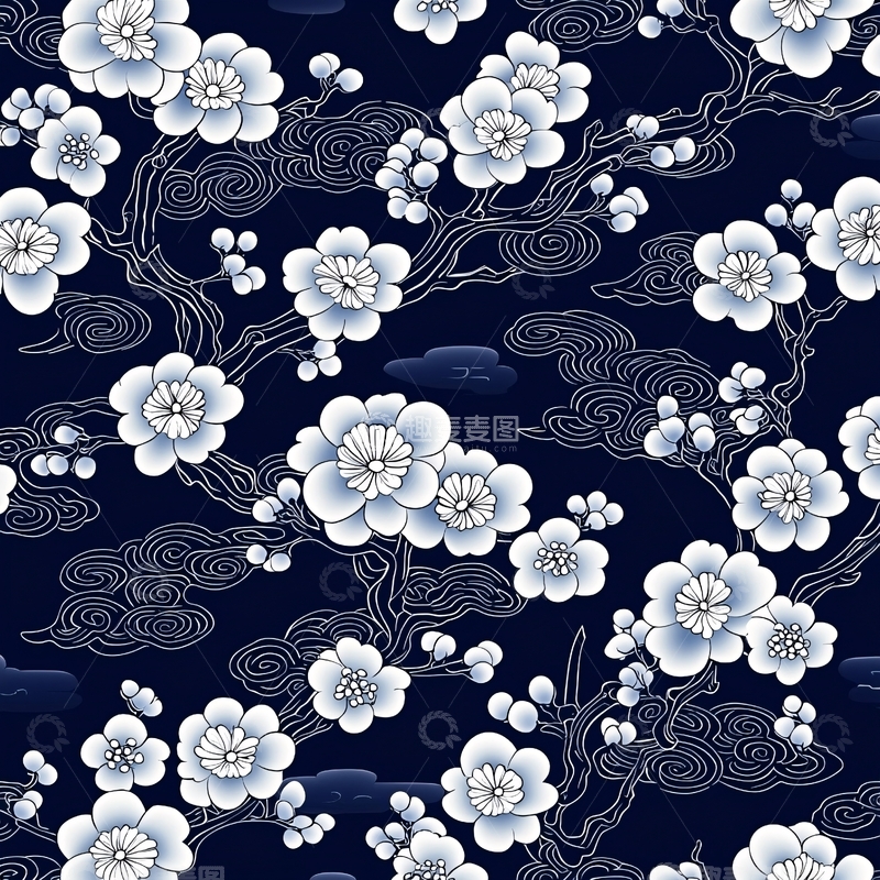 高清大图下载【趣麦麦图】深蓝色背景上的白色花朵和祥云