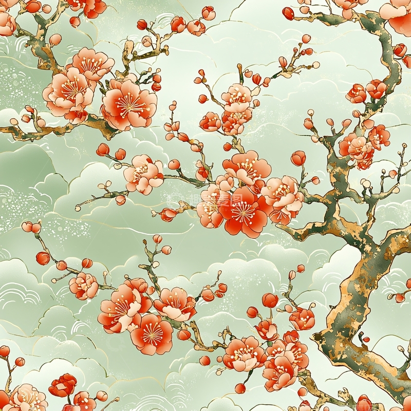 高清大图下载【趣麦麦图】国风梅花纹样背景