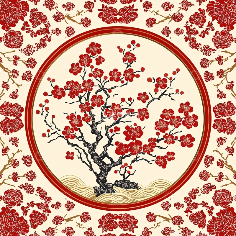 高清大图下载【趣麦麦图】红色梅花圆形背景图案