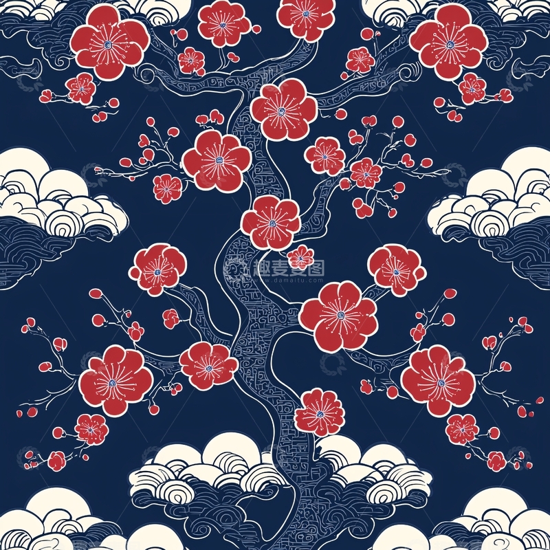 高清大图下载【趣麦麦图】红色花朵树木祥云的图案