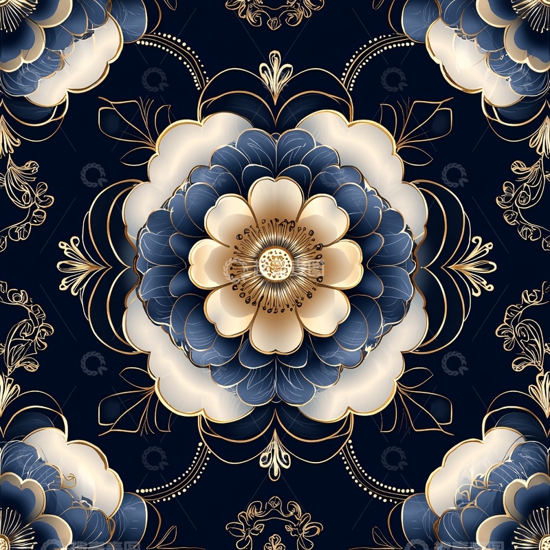 高清大图下载【趣麦麦图】蓝色米色花朵重复图案