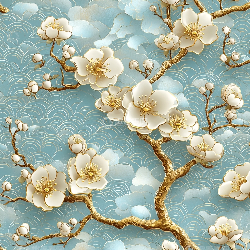 高清大图下载【趣麦麦图】白色花朵金色树枝蓝色背景