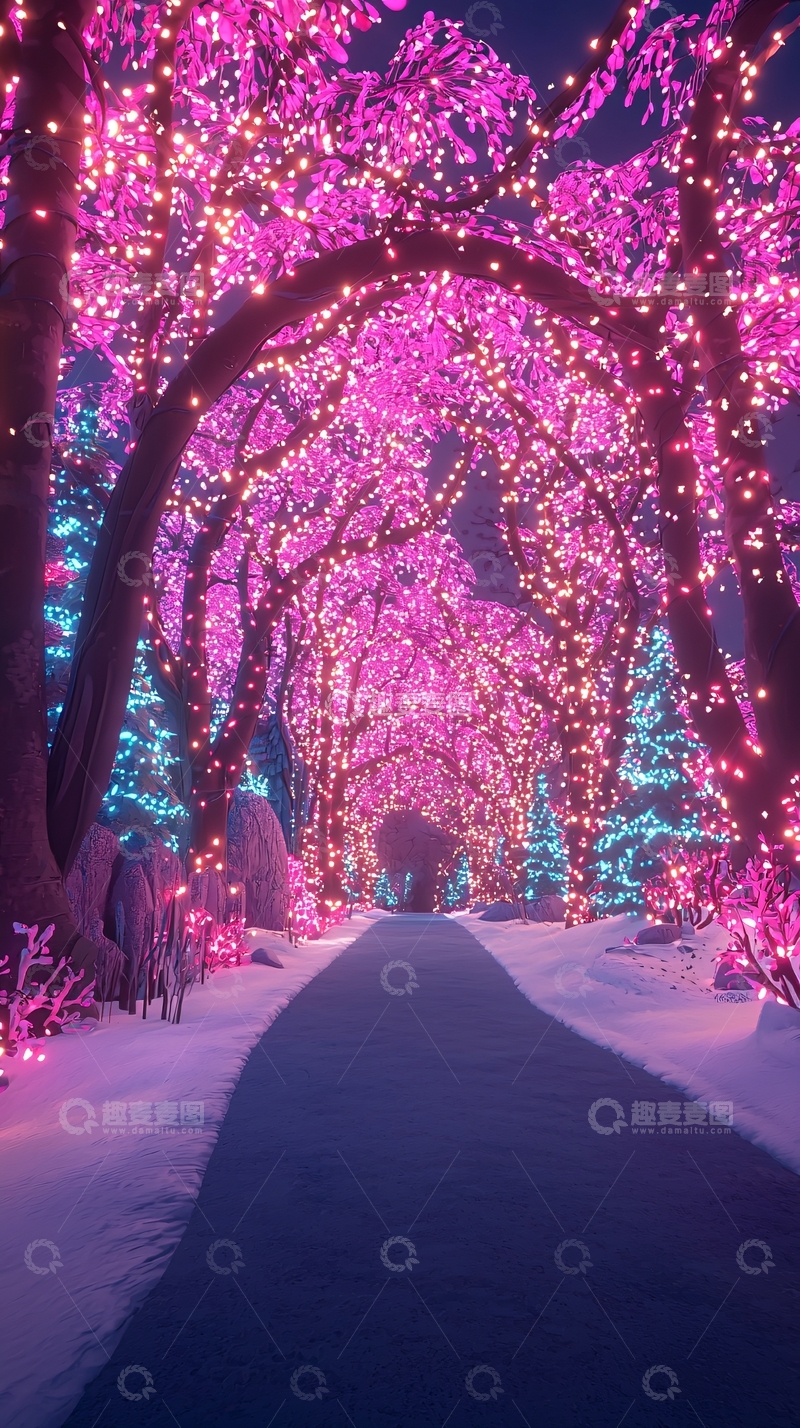 高清大图下载【趣麦麦图】粉色灯光树林小路