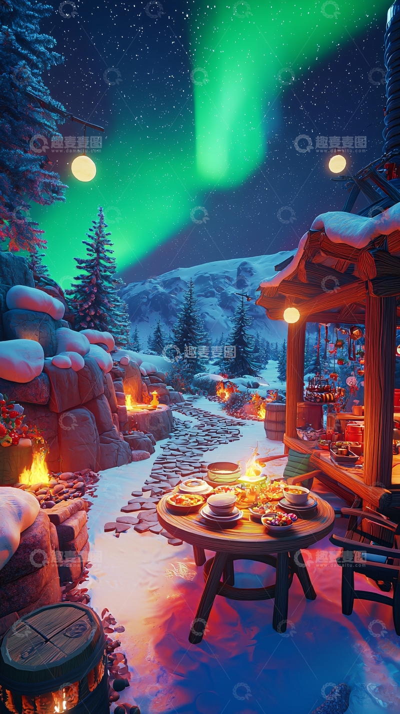 高清大图下载【趣麦麦图】极光下的雪夜小屋晚餐