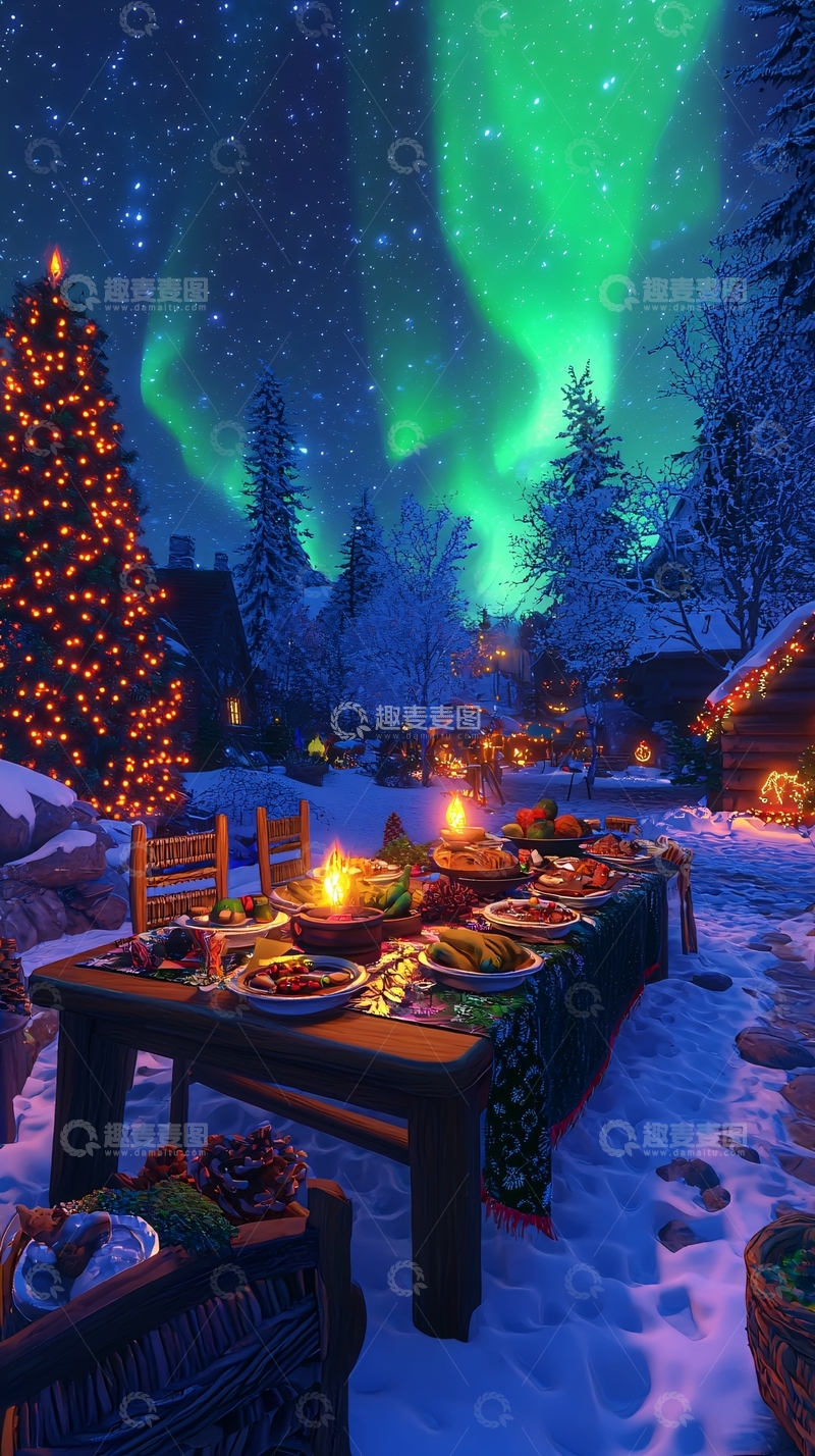 高清大图下载【趣麦麦图】极光下的圣诞晚餐