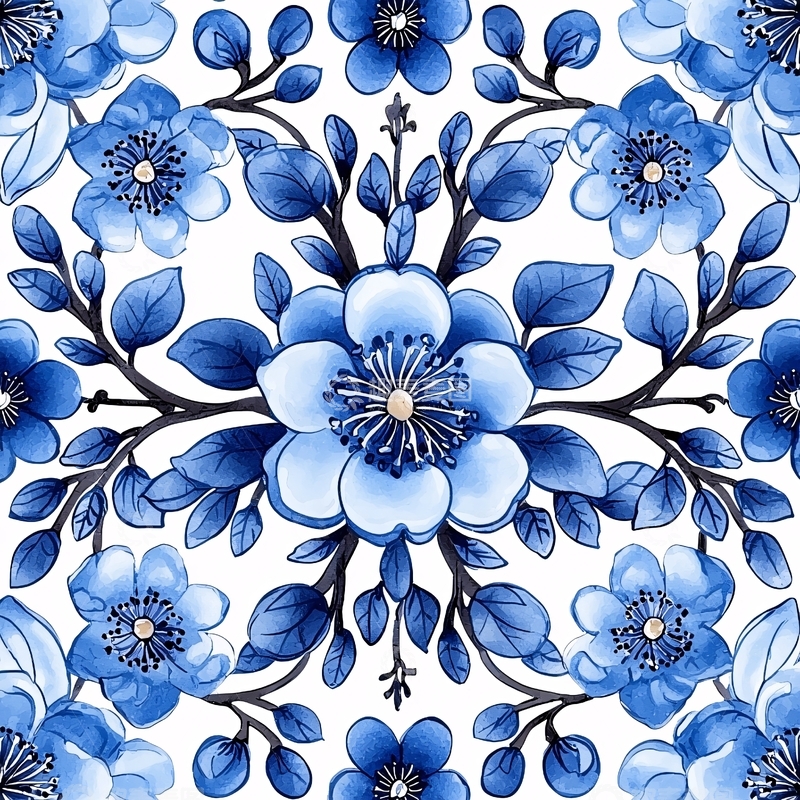 高清大图下载【趣麦麦图】蓝色花朵对称图案