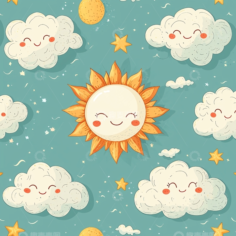 高清大图下载【趣麦麦图】卡通太阳云朵星空背景