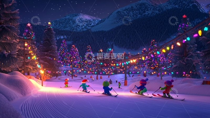 高清大图下载【趣麦麦图】雪山圣诞夜滑雪