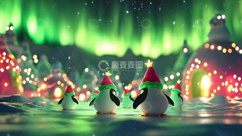 高清大图下载【趣麦麦图】圣诞企鹅极光村庄