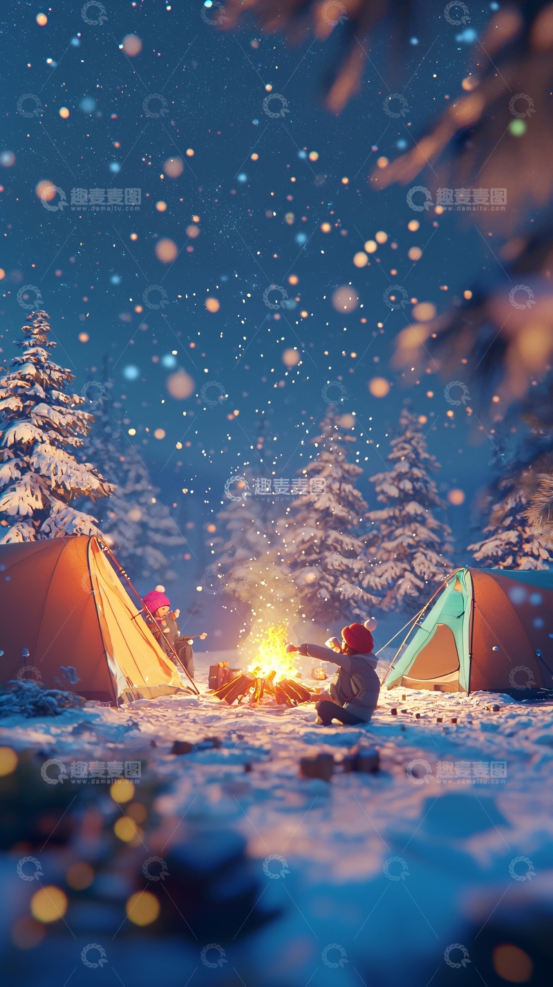 高清大图下载【趣麦麦图】雪夜营地篝火
