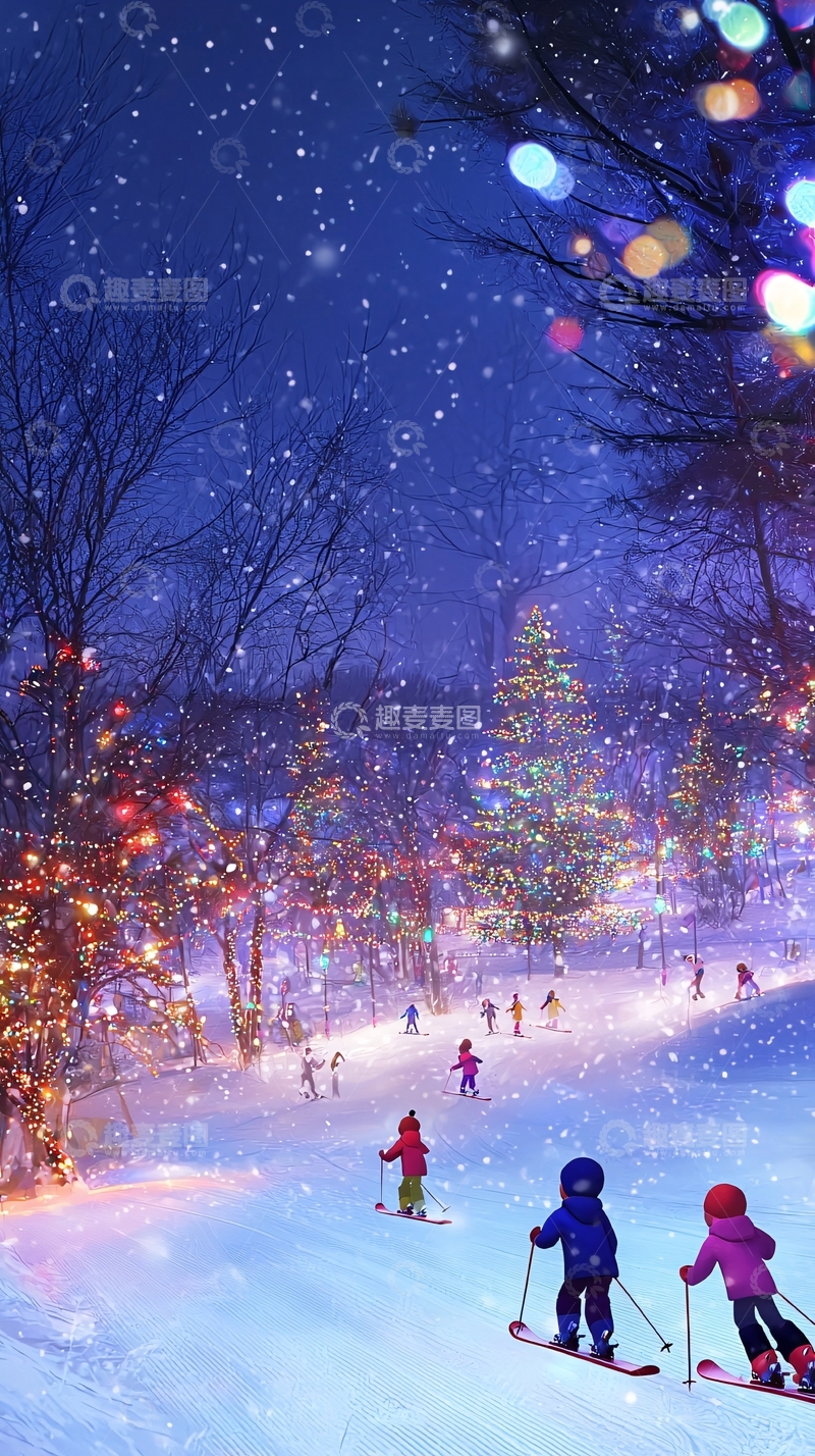 高清大图下载【趣麦麦图】冬夜雪景滑雪儿童