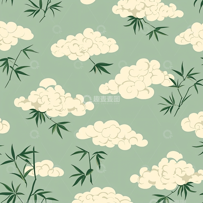 高清大图下载【趣麦麦图】青绿竹子祥云图案