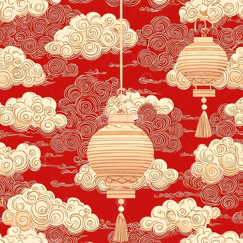 高清大图下载【趣麦麦图】红色背景上的祥云灯笼