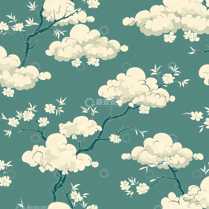 高清大图下载【趣麦麦图】云朵花朵枝条重复图案