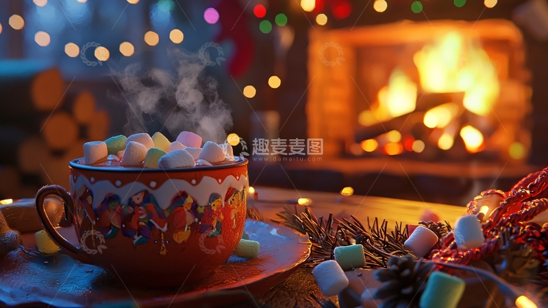 高清大图下载【趣麦麦图】热巧克力棉花糖壁炉