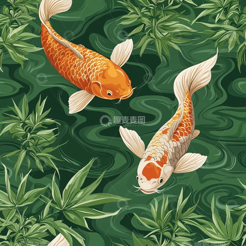 高清大图下载【趣麦麦图】锦鲤水草繁盛的池塘
