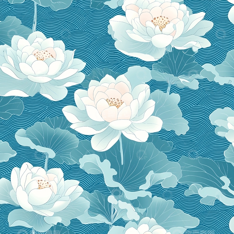 高清大图下载【趣麦麦图】淡蓝色荷花水波纹背景图案