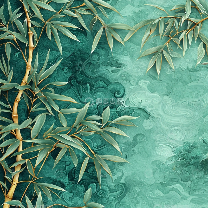 高清大图下载【趣麦麦图】翠绿竹叶水墨背景
