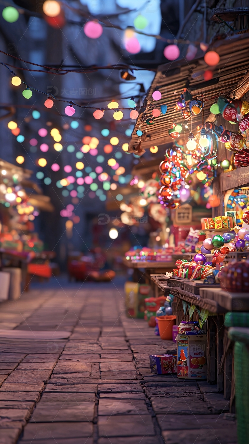 夜晚小街彩灯市场