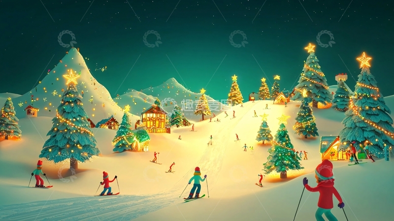 高清大图下载【趣麦麦图】圣诞节滑雪场景