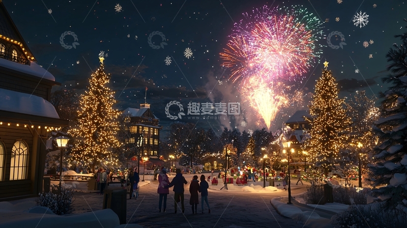 高清大图下载【趣麦麦图】新年烟花雪景小镇