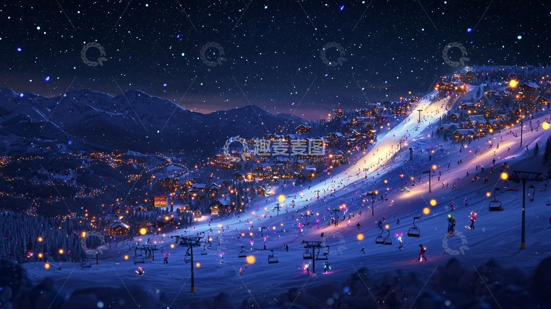 高清大图下载【趣麦麦图】星空下的雪山小镇