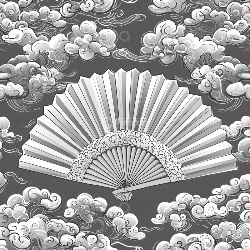 高清大图下载【趣麦麦图】扇子与祥云的黑白插画
