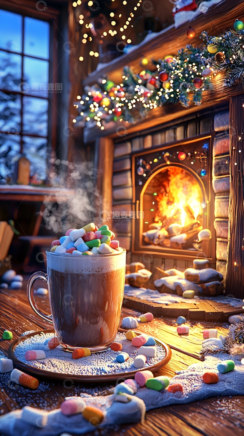 高清大图下载【趣麦麦图】圣诞节壁炉旁热饮