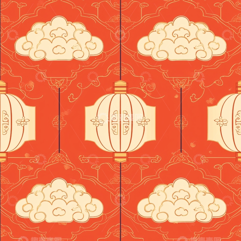 高清大图下载【趣麦麦图】红色背景上的灯笼云朵图案