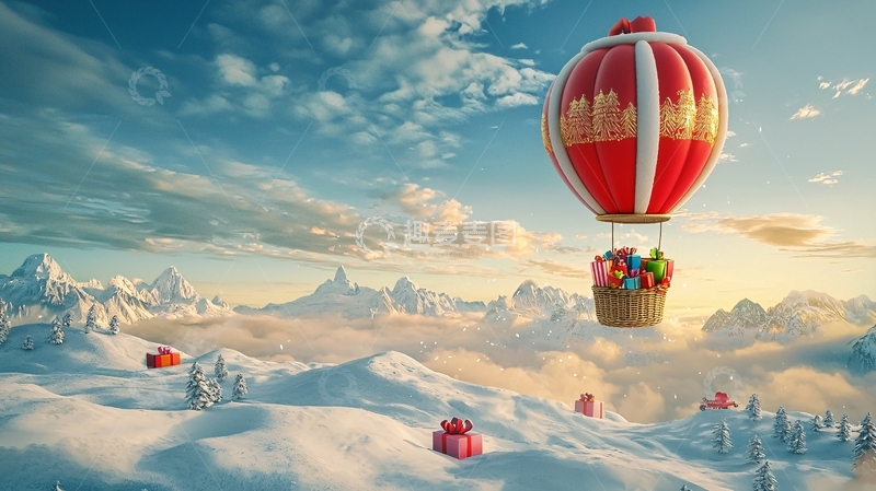 高清大图下载【趣麦麦图】热气球飞跃雪山