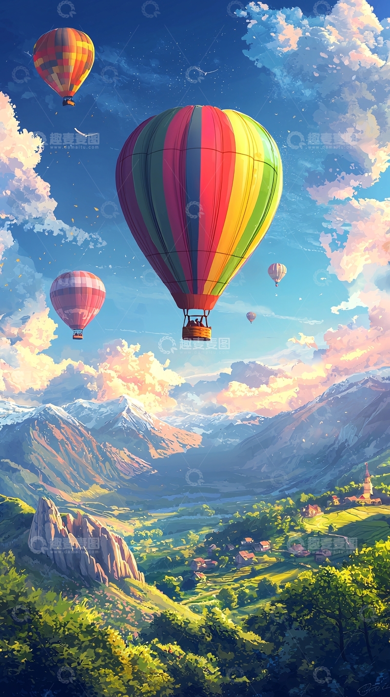 高清大图下载【趣麦麦图】热气球在山谷中飞翔