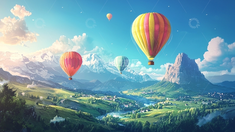 高清大图下载【趣麦麦图】热气球飞过山谷的壮丽景色