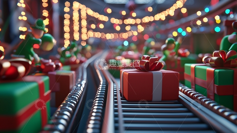 高清大图下载【趣麦麦图】圣诞小精灵运送礼物火车轨道