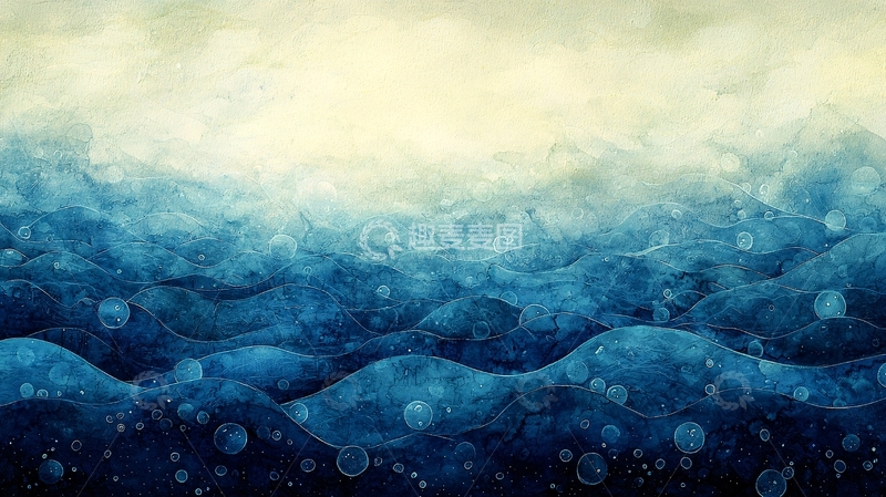 高清大图下载【趣麦麦图】水彩风格的蓝色波浪背景